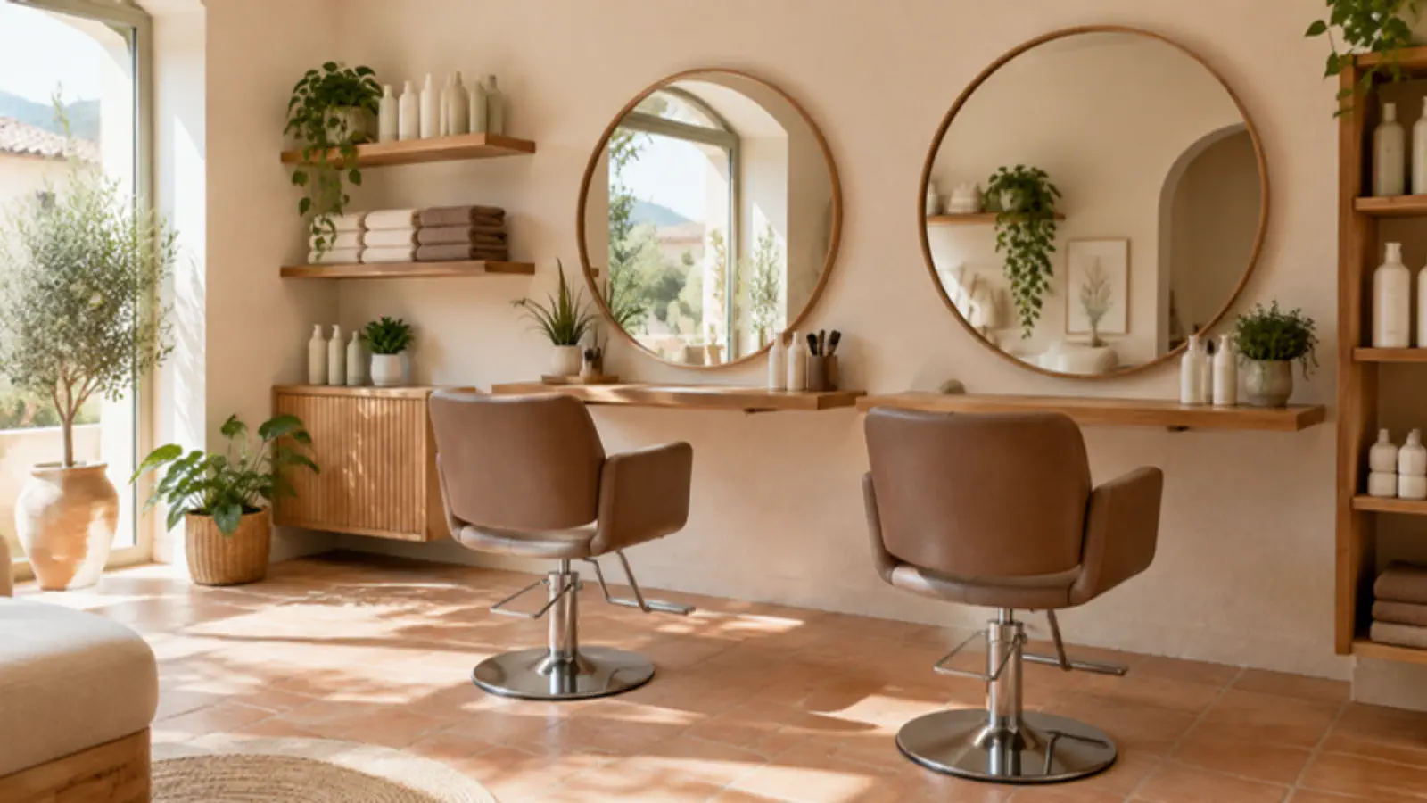 Salon de coiffure lumineux avec deux fauteuils face à des miroirs ronds et des étagères en bois