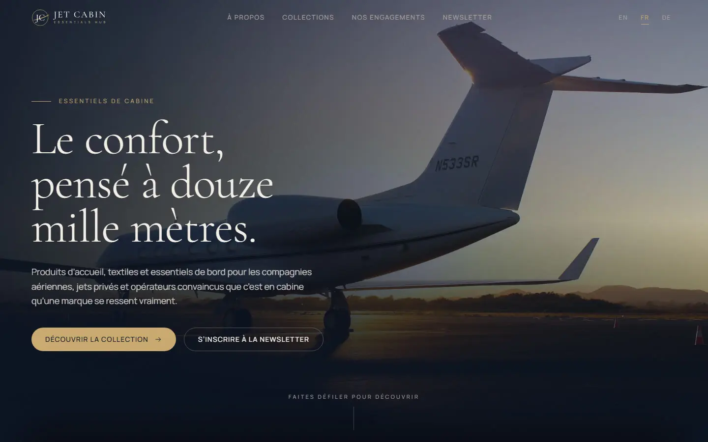 Jet Cabin Essentials Hub landing page: hero with a private jet at dusk