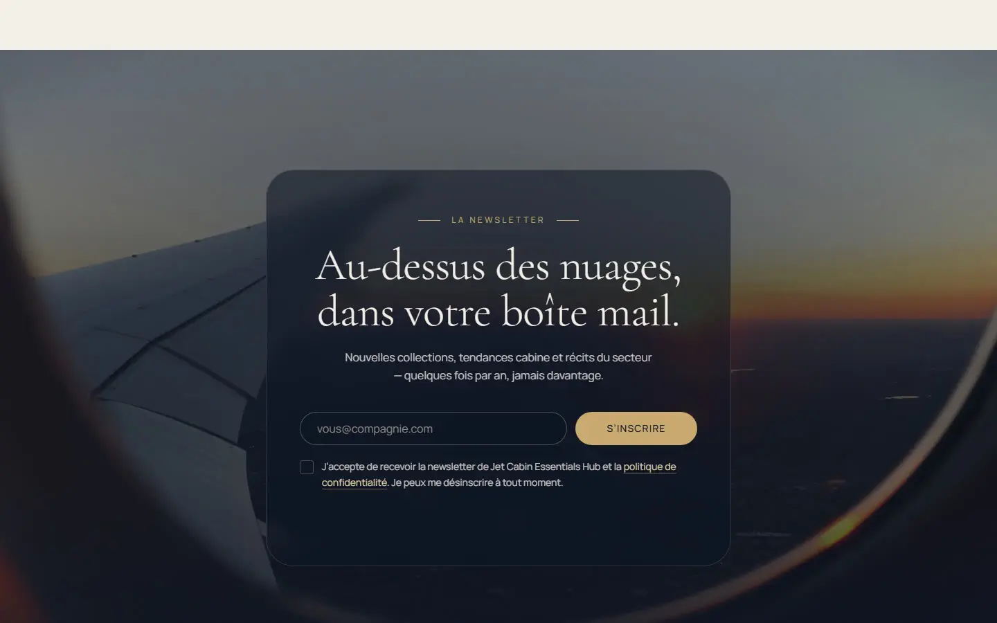 Jet Cabin Essentials Hub landing page: newsletter sign-up